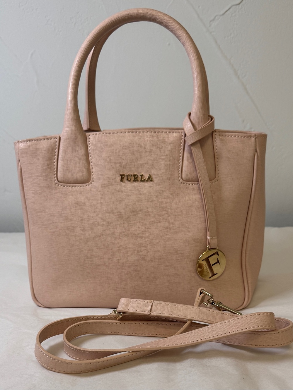 Furla Blush Pink Leather Capriccio cross-body two-way small Tote with Gold Charm